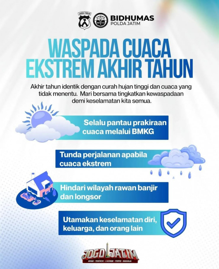 Polda Jatim Imbau Masyarakat Waspadai Cuaca Ekstrem Saat Libur Nataru